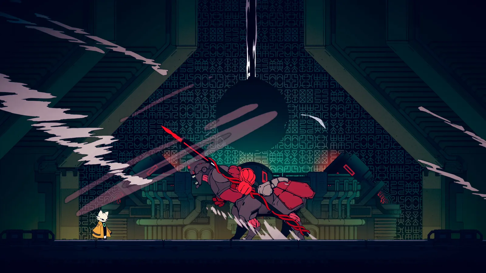 Nine Sols robotic hound beast charging at tiny cat character