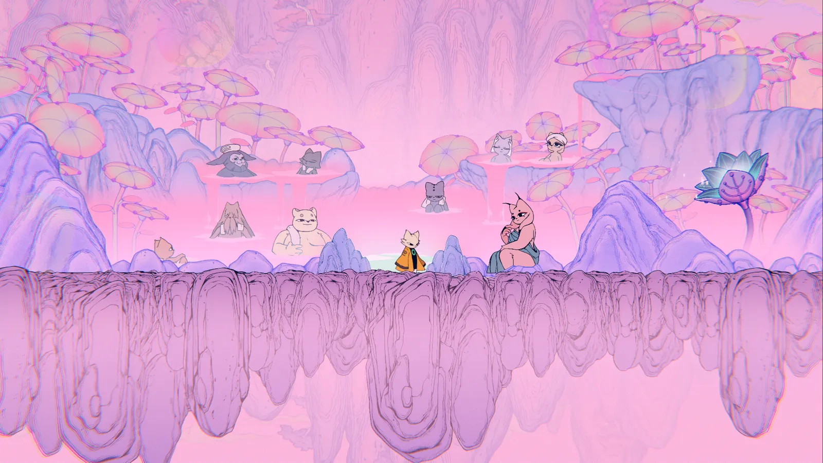 Nine Sols yi standing among spirits in pink dreamlike realm