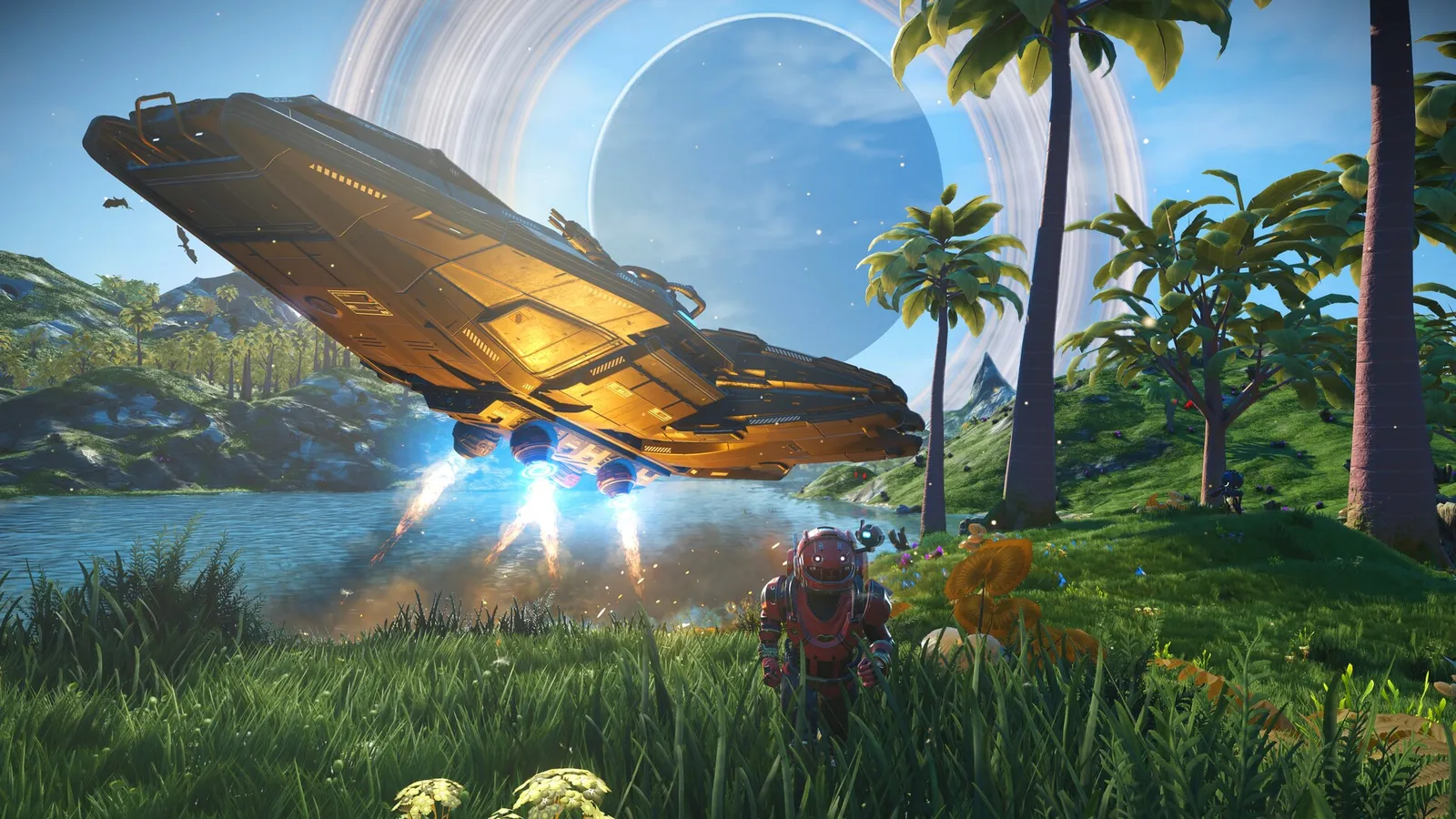 No Man's Sky no man s sky golden starship landing by lakeside with ringed planet