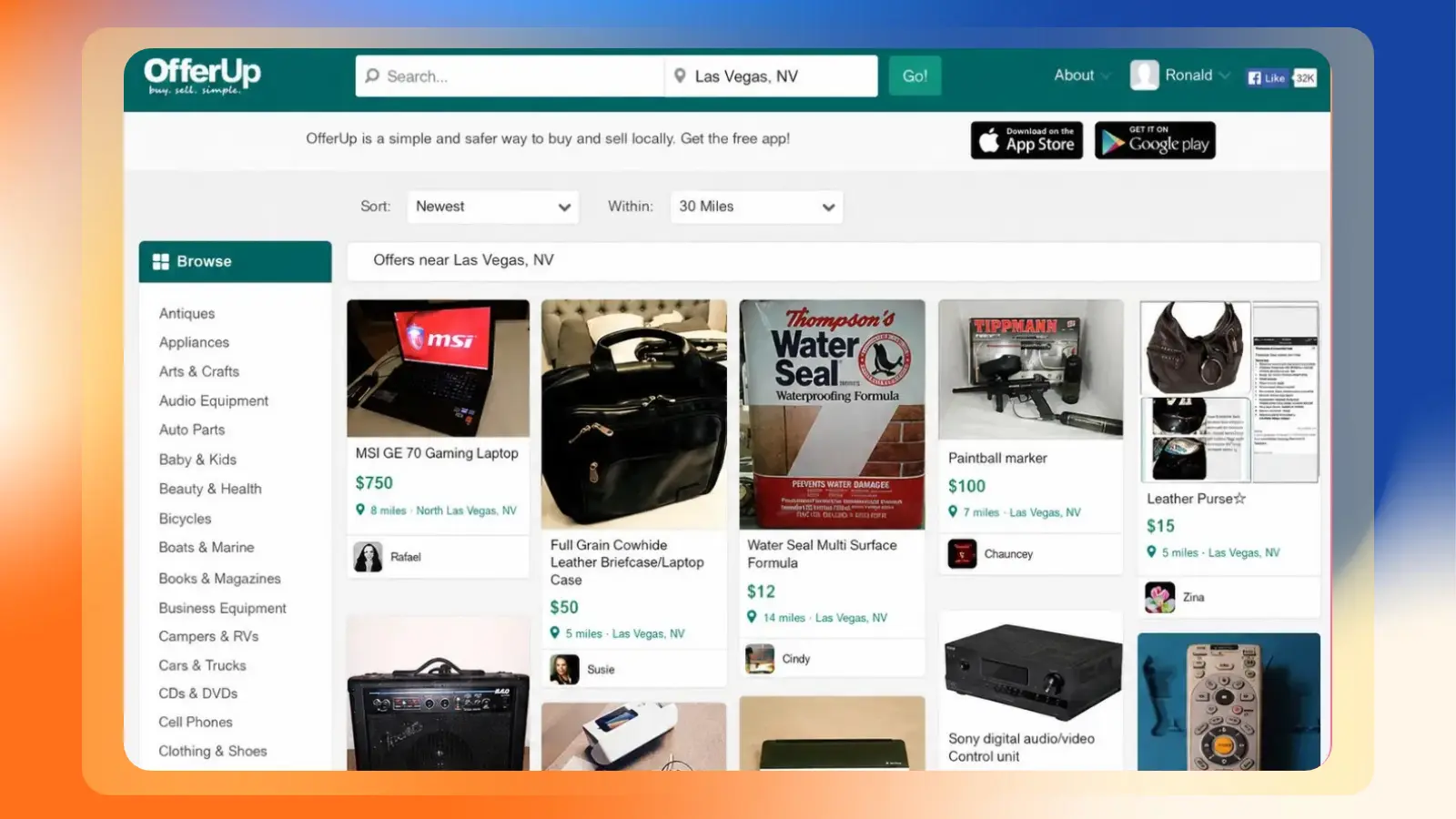 OfferUp website showing a local marketplace with listings for electronics, bags, tools, and other secondhand items