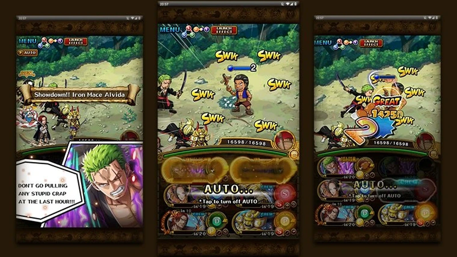 Three mobile screens show Zoro’s crew battling Iron Mace Alvida with tap-timing combat