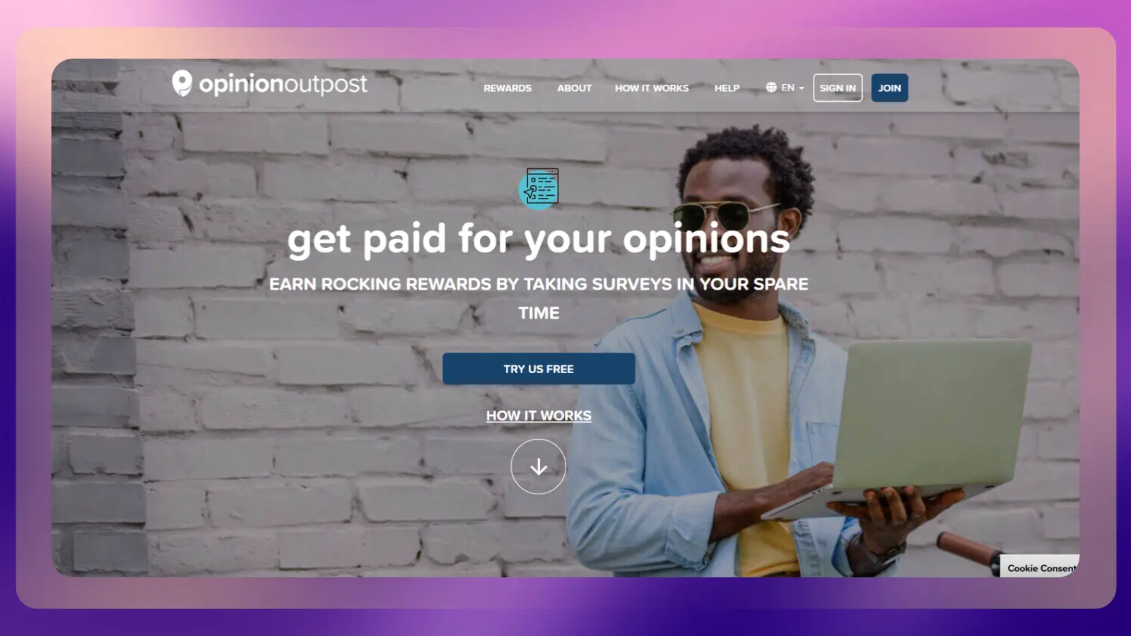 Opinion Outpost homepage promoting survey rewards, featuring a man holding a laptop in front of a brick wall
