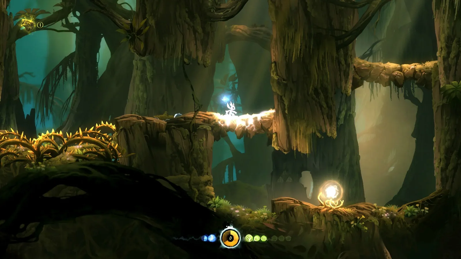 Ori e a Floresta Cega - Um Metroidvania visualmente deslumbrante e emocionante - Uma imagem em deslocamento lateral do Ori a saltar por uma ponte de pedra numa floresta mística