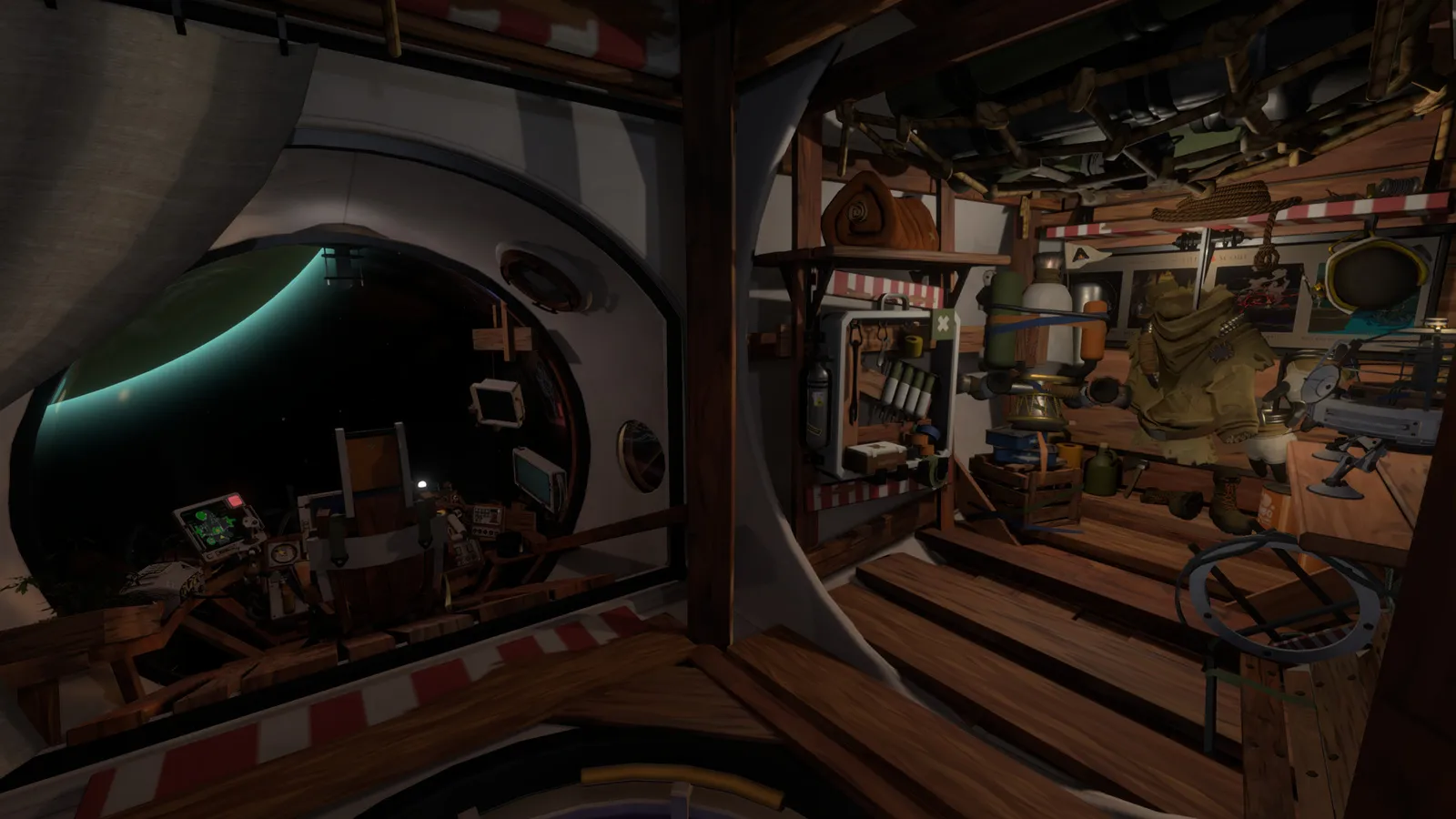 Outer Wilds ship cockpit interior next to cluttered cabin