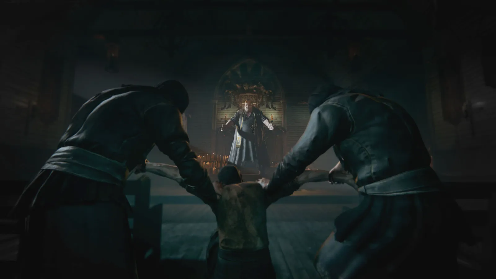 Outlast 2 captive restrained before robed figure at altar