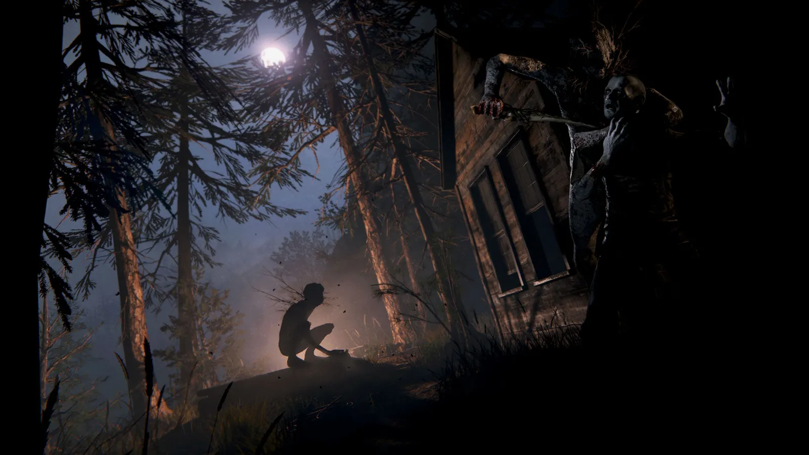 Outlast 2 crouching figure outdoors as pale attacker lurks by cabin