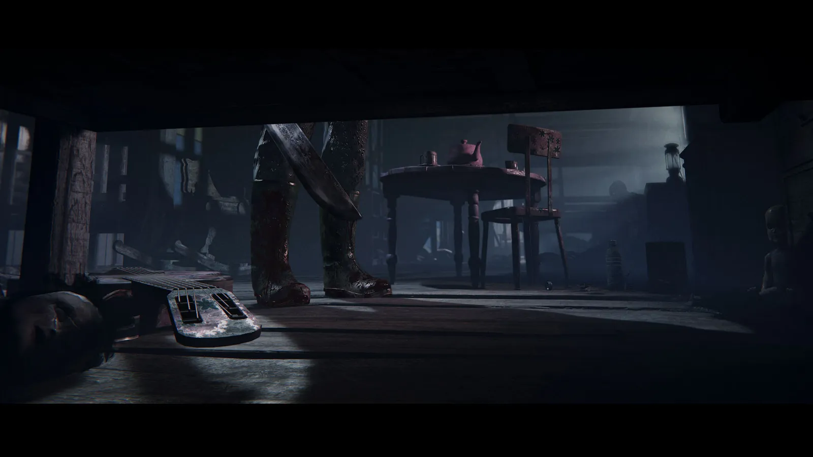 Outlast 2 dark farmhouse room viewed past axe wielding legs