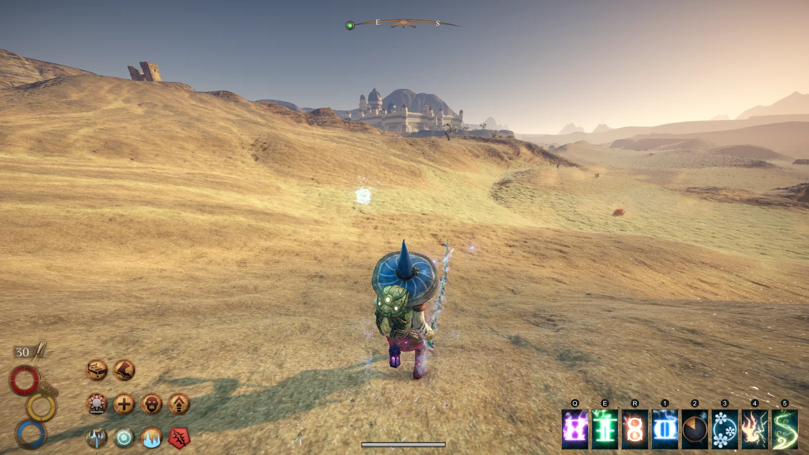 Outward – RPG de ação e fantasia hardcore com mecânicas de sobrevivência envolventes – Uma perspetiva na terceira pessoa de um viajante a correr por uma vasta paisagem desértica