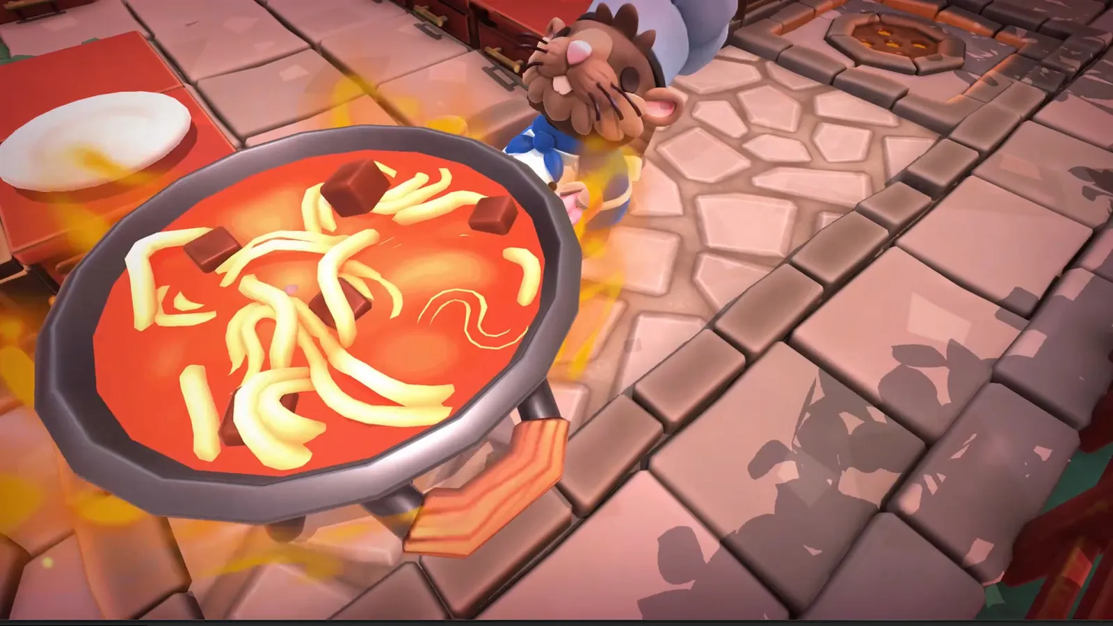 Overcooked! 2 closeup of noodle soup being cooked in pan