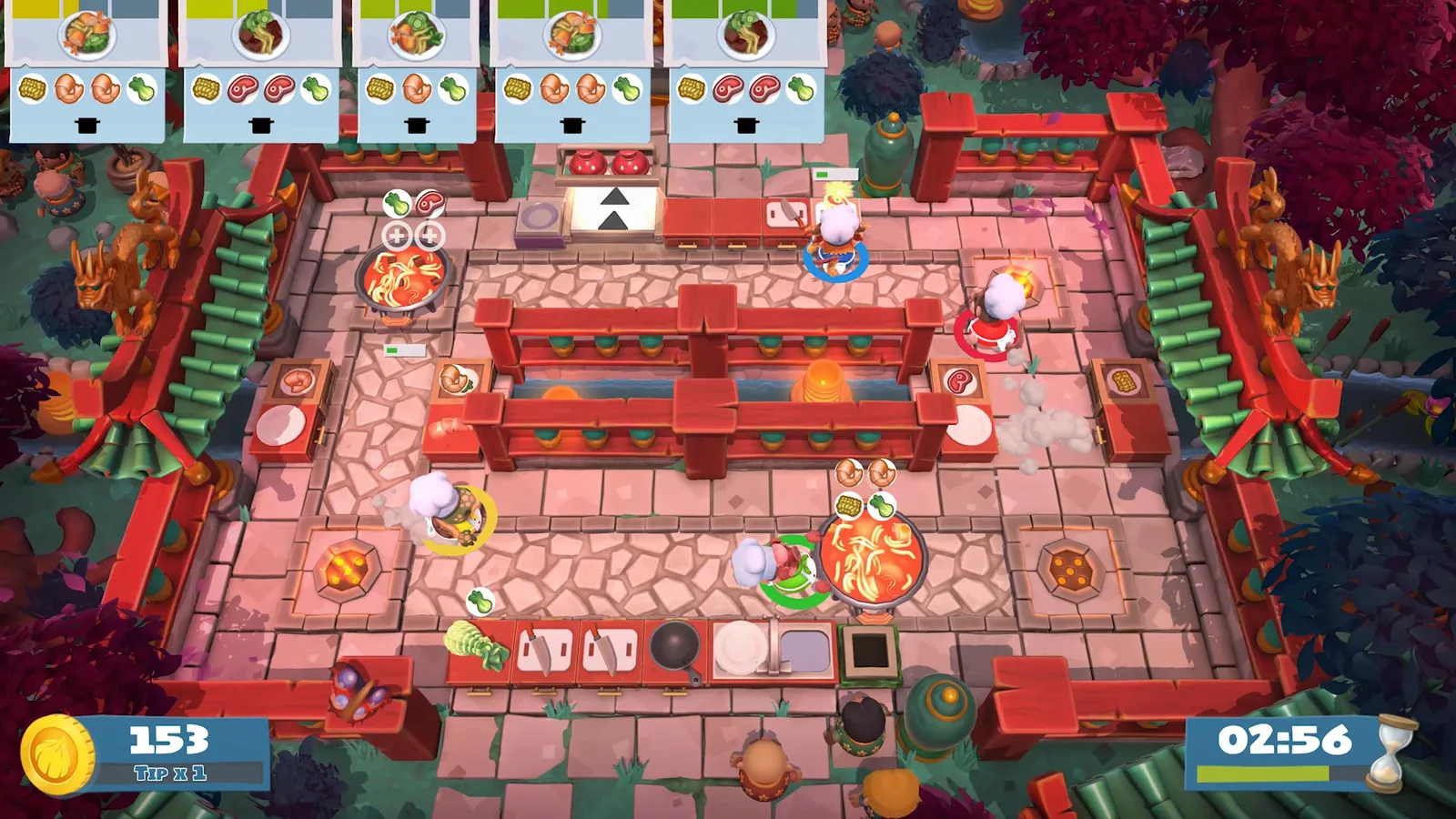 Overcooked! 2 temple kitchen with soup pots and river divide