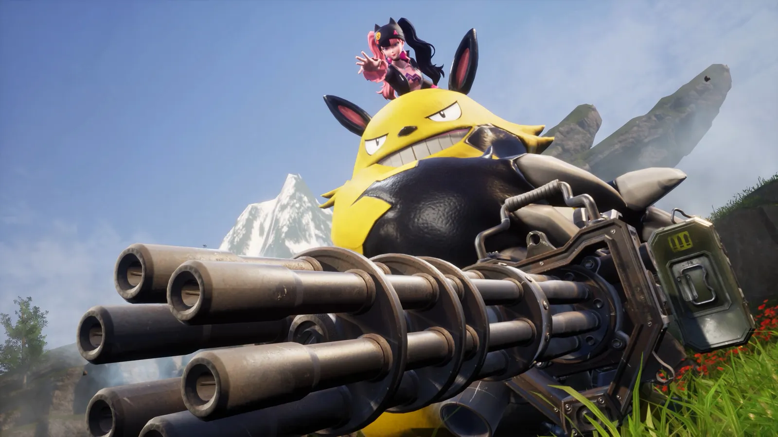 Palworld anime character riding electric pal gatling gun