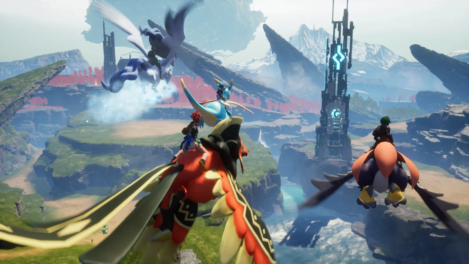 Palworld riding flying pals across ruins