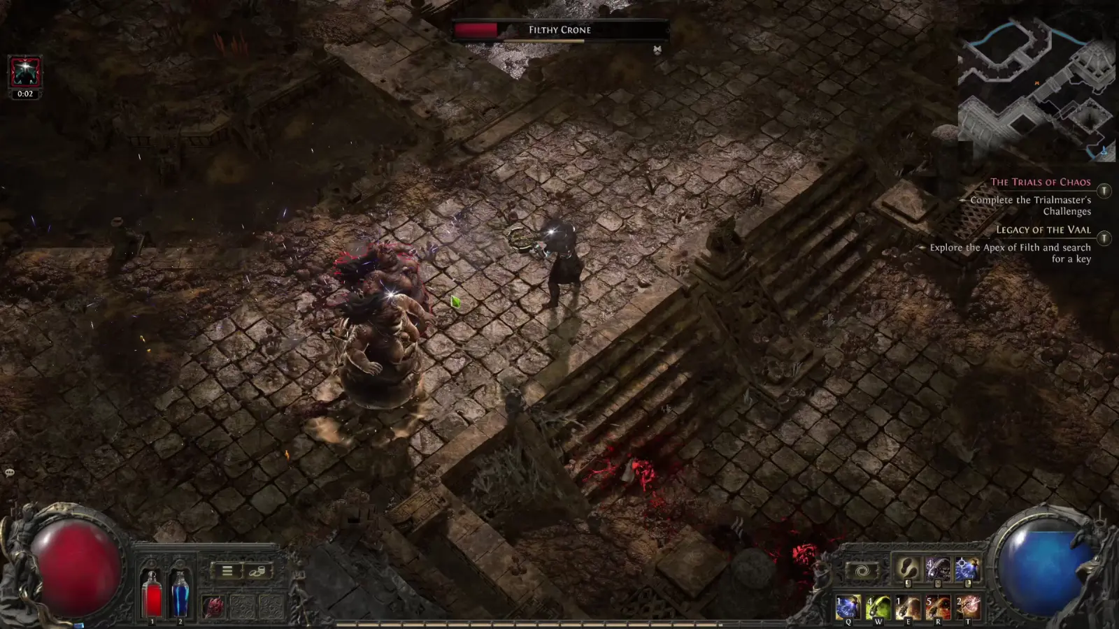 A character fighting an enemy inside a dark underground area