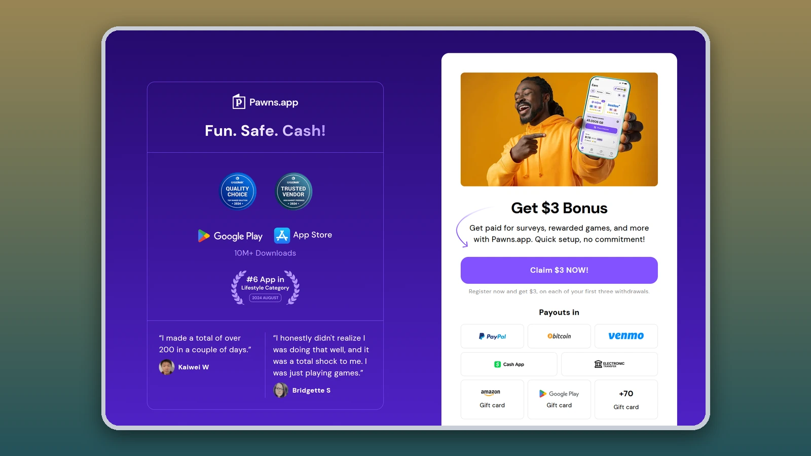 The Pawns.app page reads “Fun. Safe. Cash!” next to a $3 bonus offer and payout options like PayPal, Venmo and gift cards