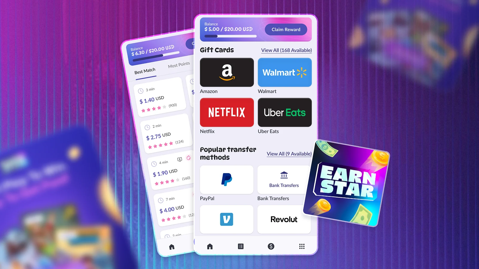 Gift cards and payout options in the EarnStar App
