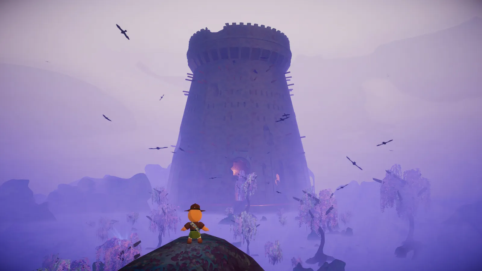 PEAK scout approaching misty ancient tower