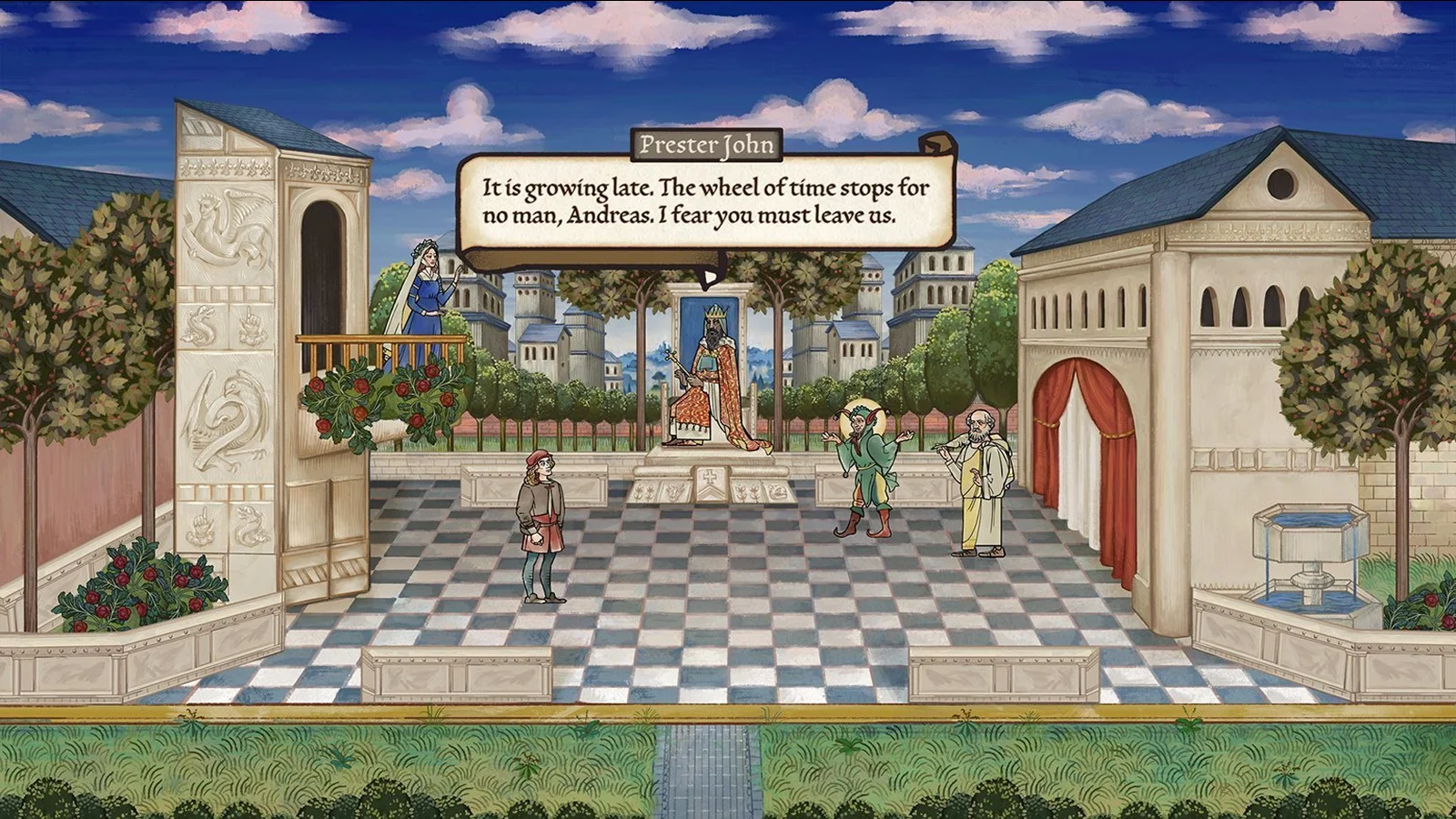Pentiment - Um mistério histórico ilustrado - Uma perspetiva 2D de deslocamento lateral com personagens a conversar num pátio medieval estilizado