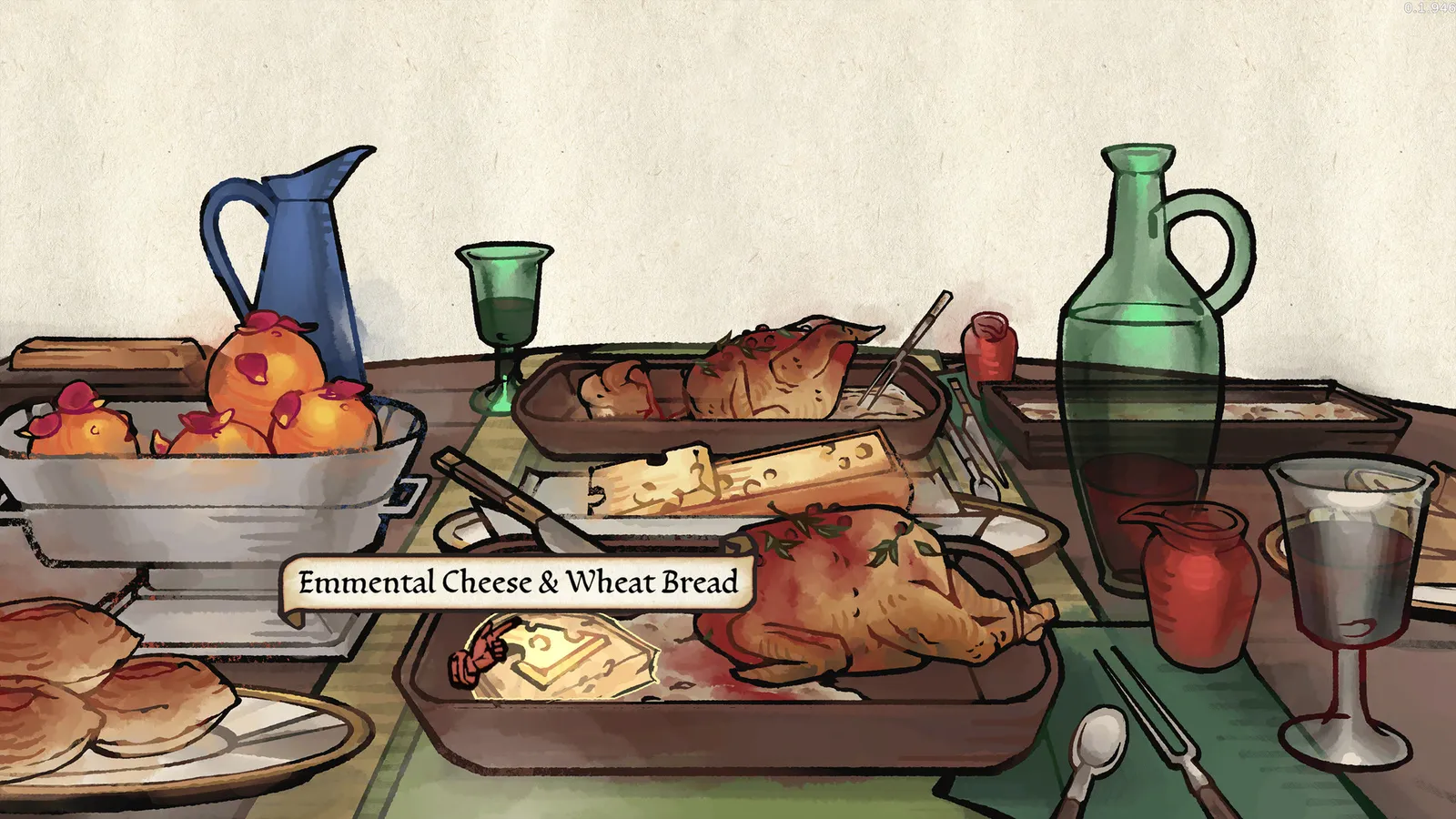 Pentiment close up of feast table with roast chicken and wine