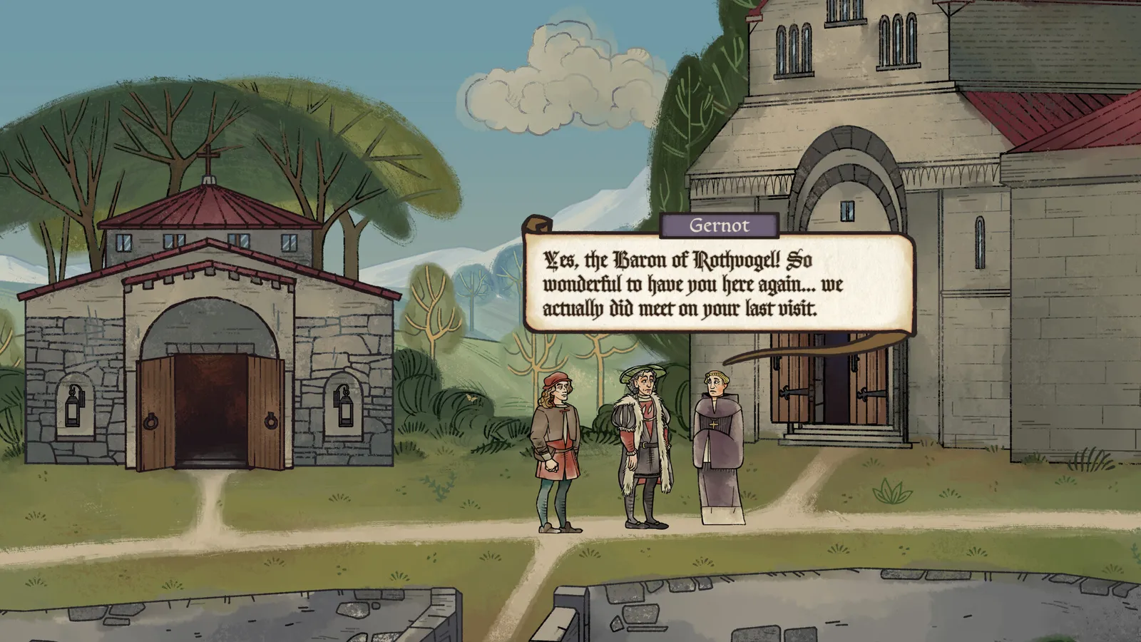 Pentiment gernot greeting visitors outside church