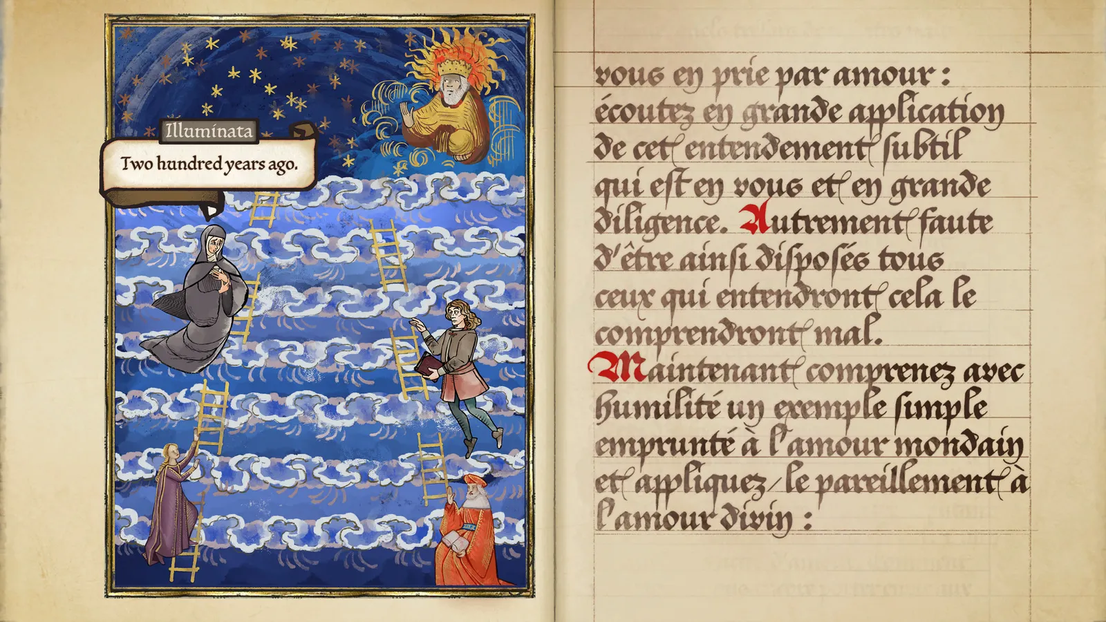 Pentiment illuminated manuscript ladders to heaven scene