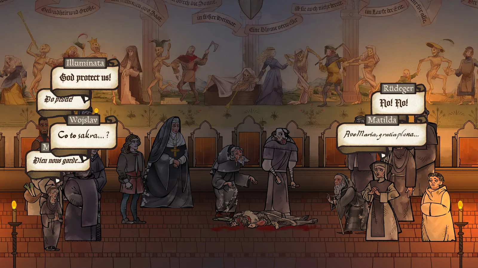 Pentiment townsfolk reacting to murder scene in church