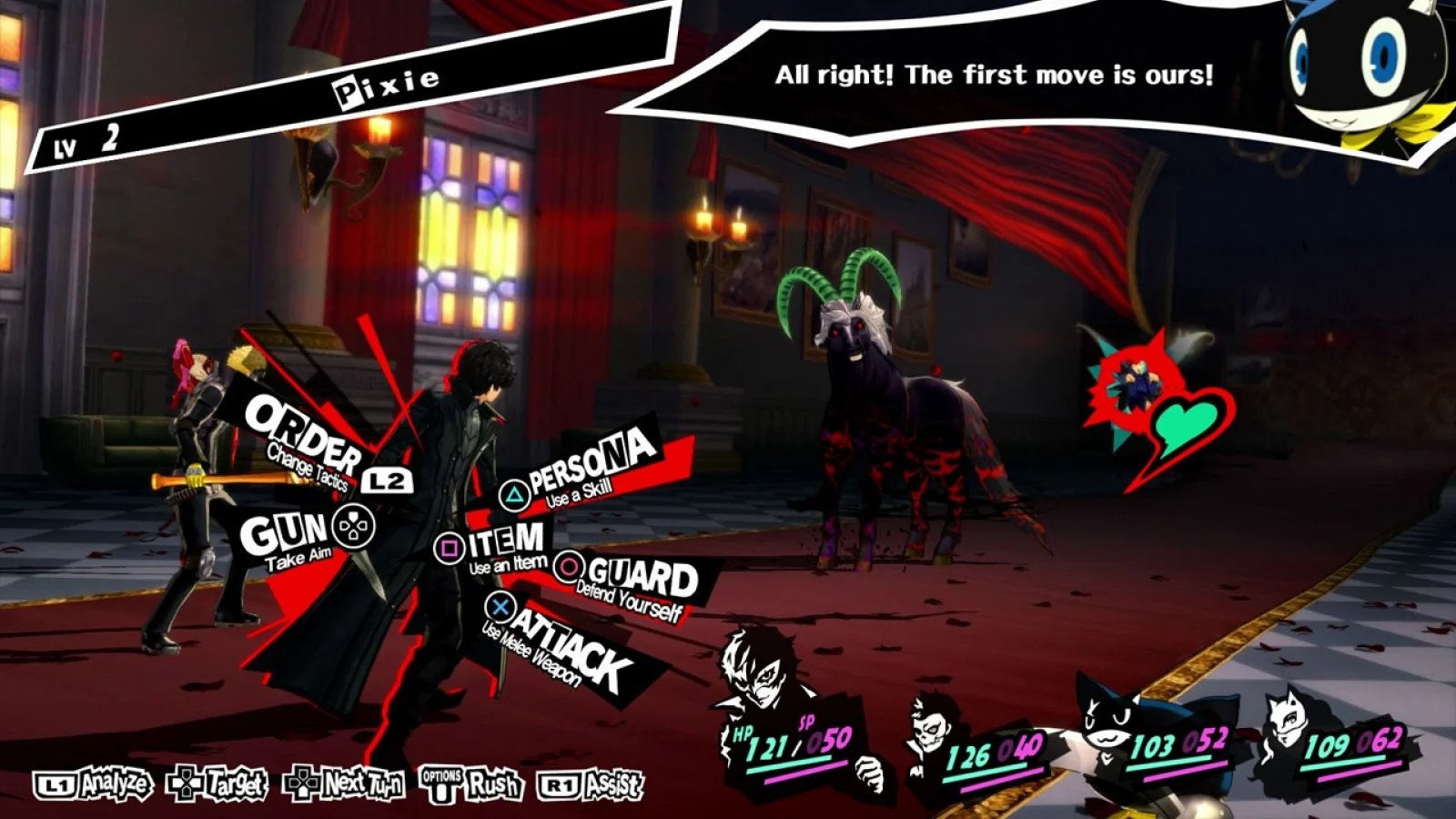 Persona 5 Royal - Una scena di combattimento a turni stilizzata in cui un gruppo di ladri fantasma affronta un nemico demoniaco dell'ombra