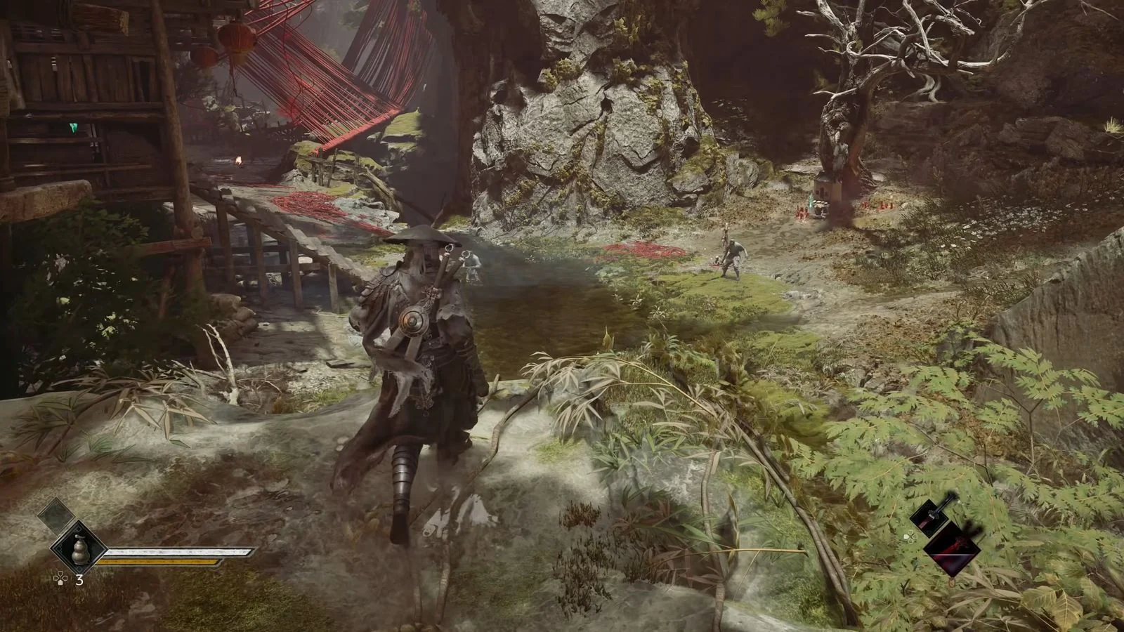 Phantom Blade Zero straw hat swordsman scouting enemies in forest camp