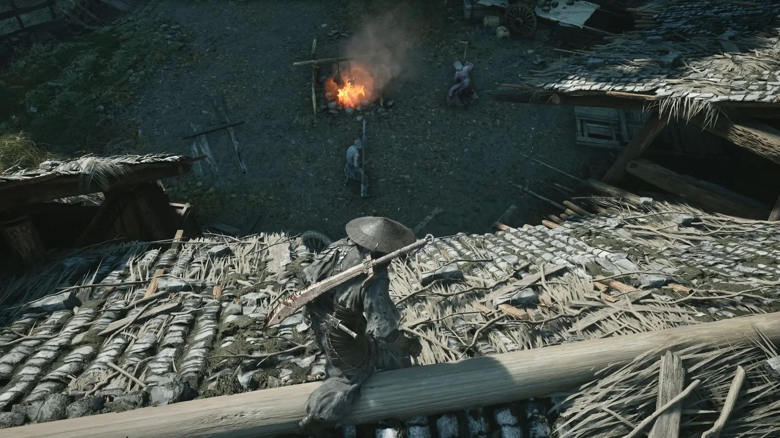 Phantom Blade Zero swordsman crouching on rooftop above enemy camp