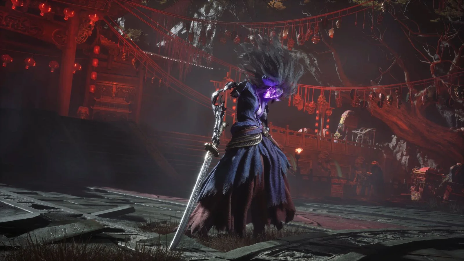Phantom Blade Zero three faced puppet wielding sword in red lantern temple
