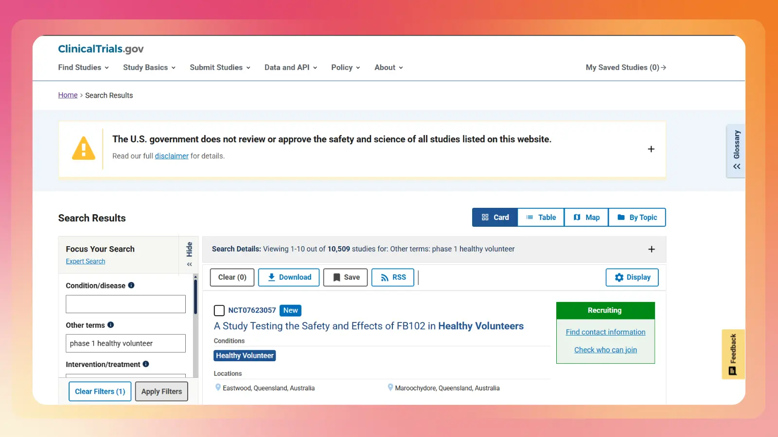 ClinicalTrials.gov search results showing a Phase 1 study for healthy volunteers