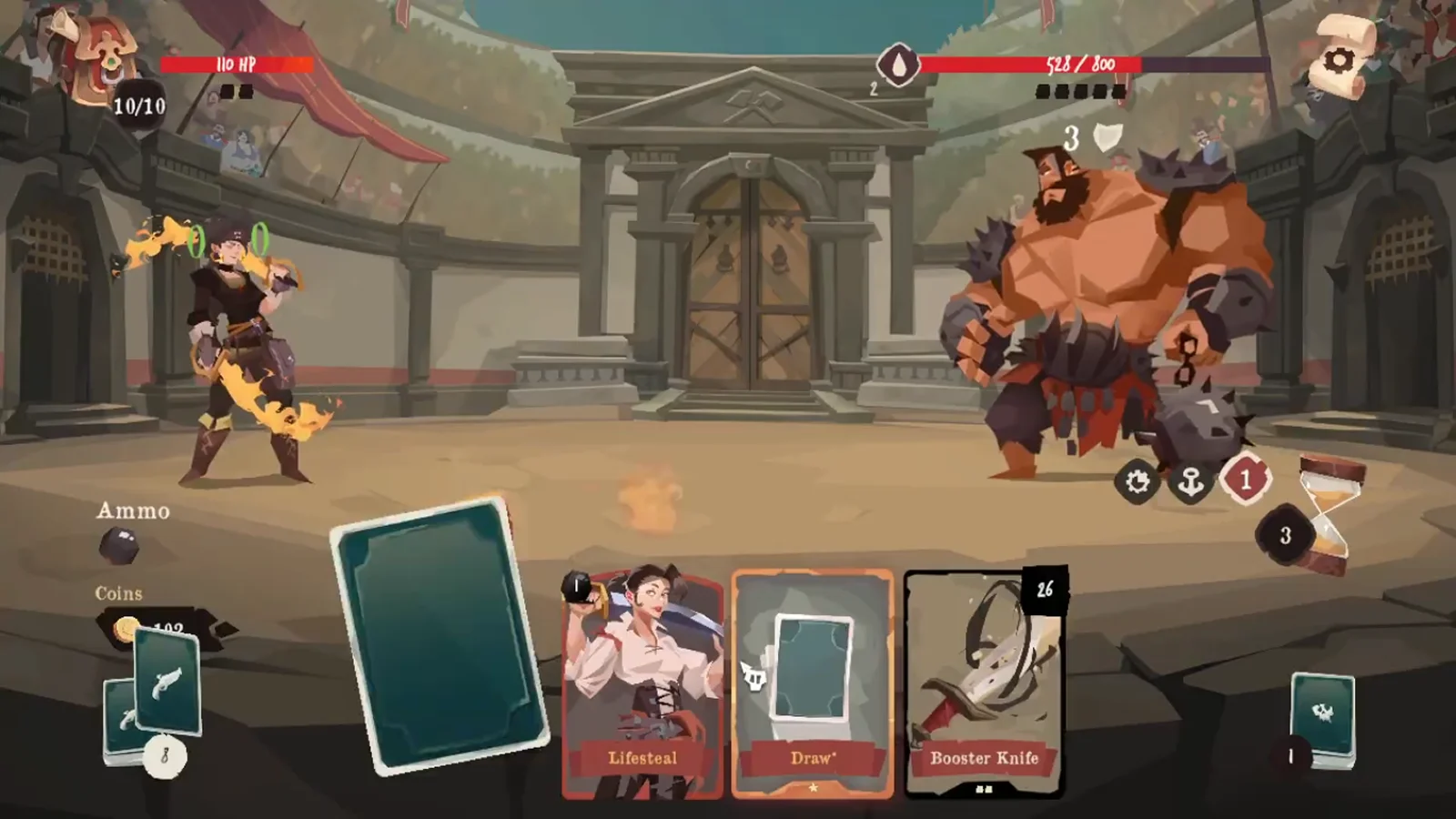 Pirates Outlaws 2: Heritage - O melhor jogo parecido com o Slay the Spire para a Card Fusion - Um jogador usa cartas para lutar contra um gladiador enorme e blindado numa arena estilizada