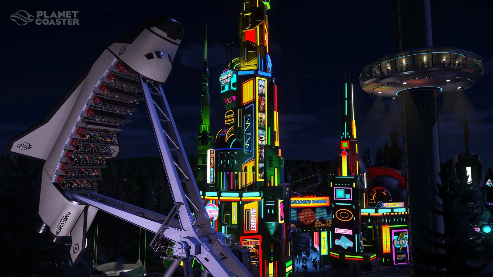 Planet Coaster neon cyberpunk area at night with ufo ride and rocket coaster
