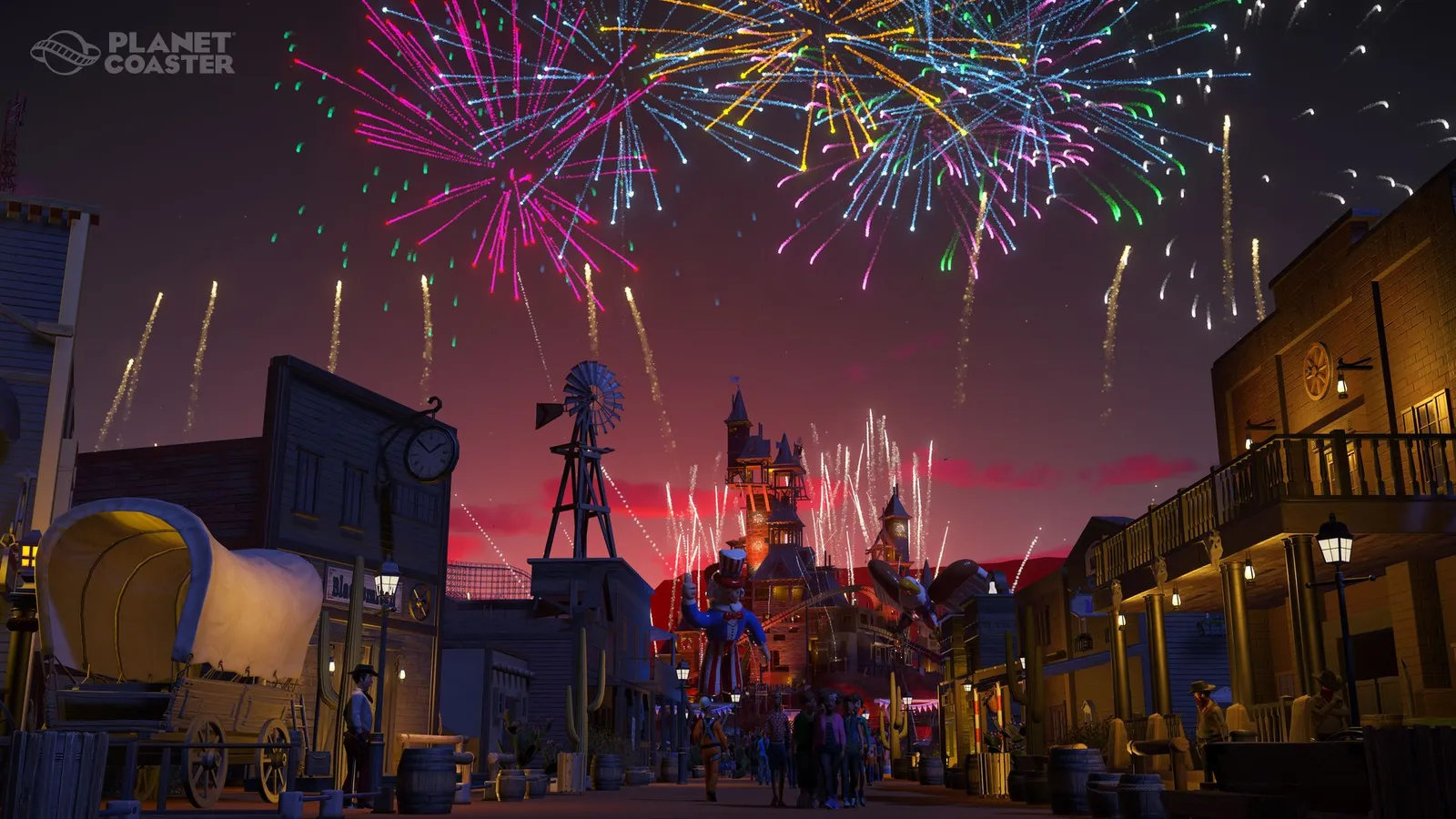 Planet Coaster western town street fireworks show at night with mascot