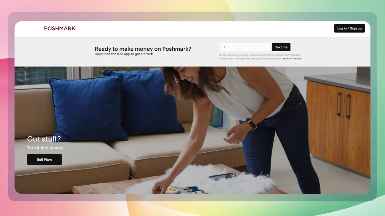 Poshmark homepage encouraging users to sell their belongings, featuring a woman arranging items on a table and a Sell Now button