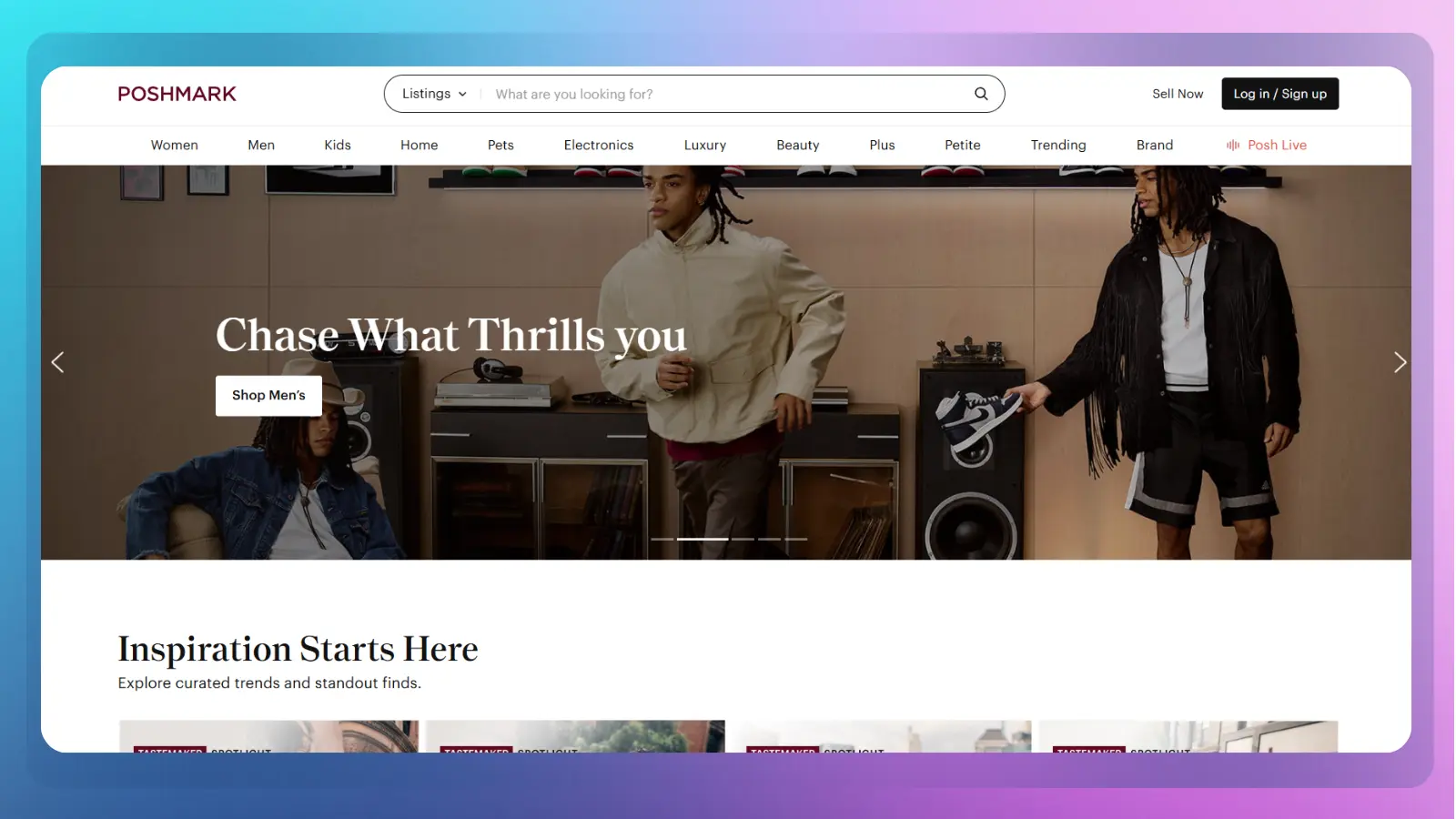 Poshmark website showing a men's fashion homepage with people modeling clothing and shoes