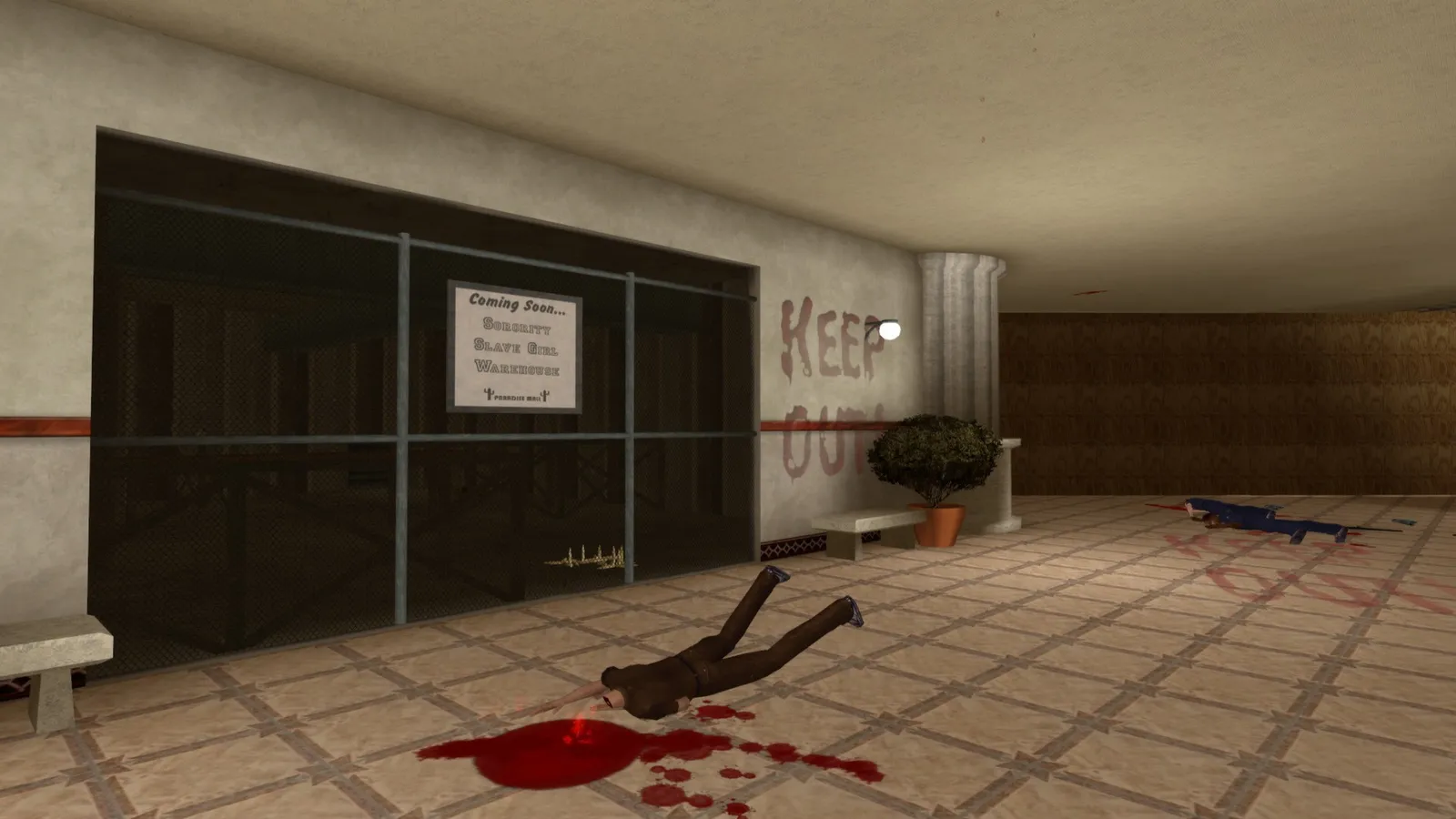POSTAL 2 body lying in a pool of blood near a keep out mall hallway