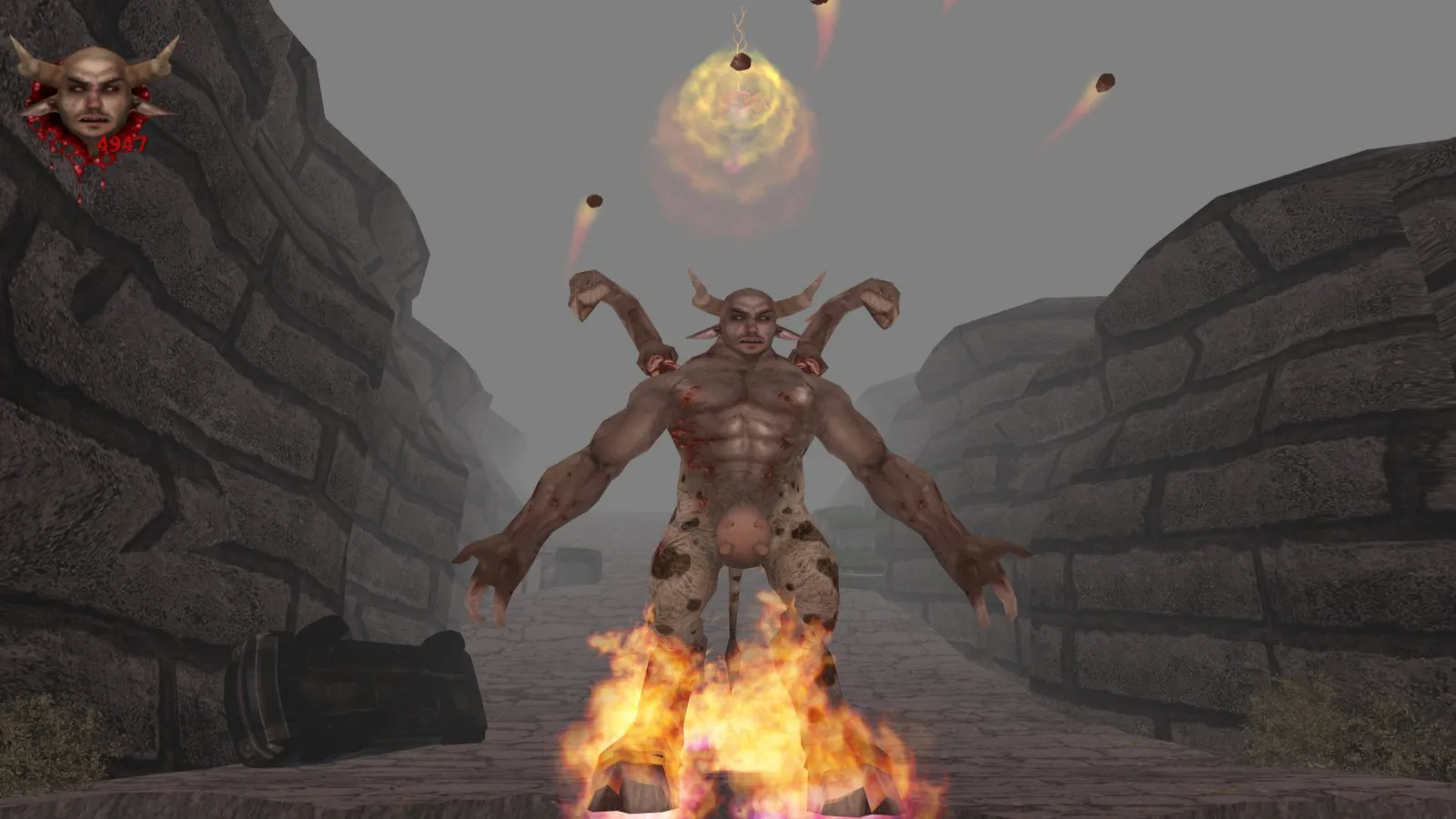 POSTAL 2 towering horned demon boss breathing fire in a rocky canyon