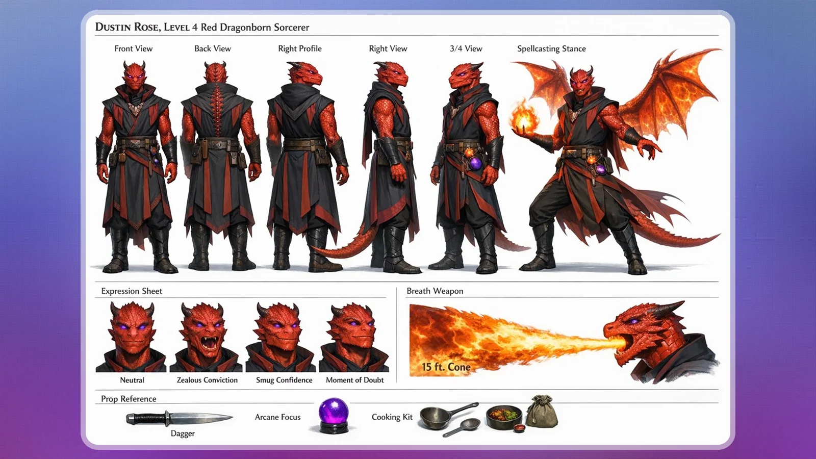 Turnaround sheet, silhouette lineup, fairy-tale redesign, game NPC, and finished color illustration