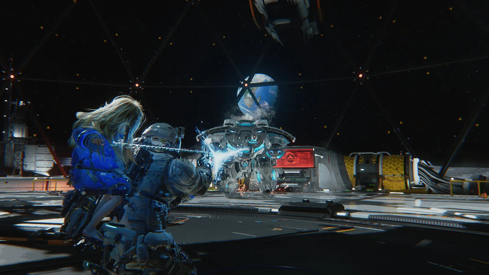 PRAGMATA astronaut carrying a girl flying past a damaged robot with earth in the sky