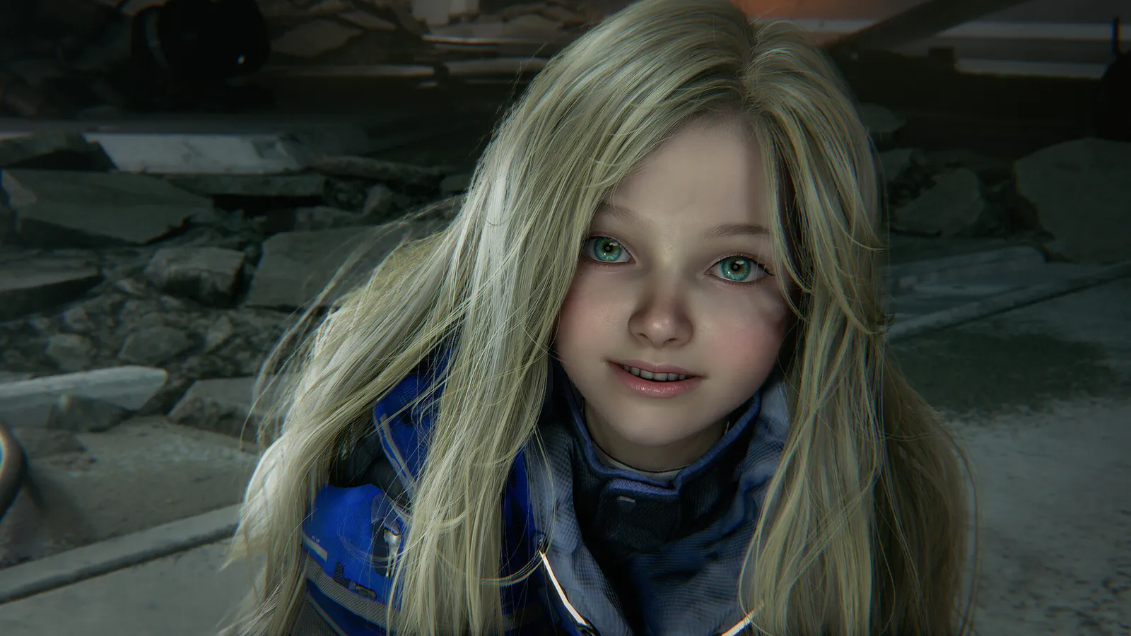 PRAGMATA close up of a girl in a blue spacesuit smiling