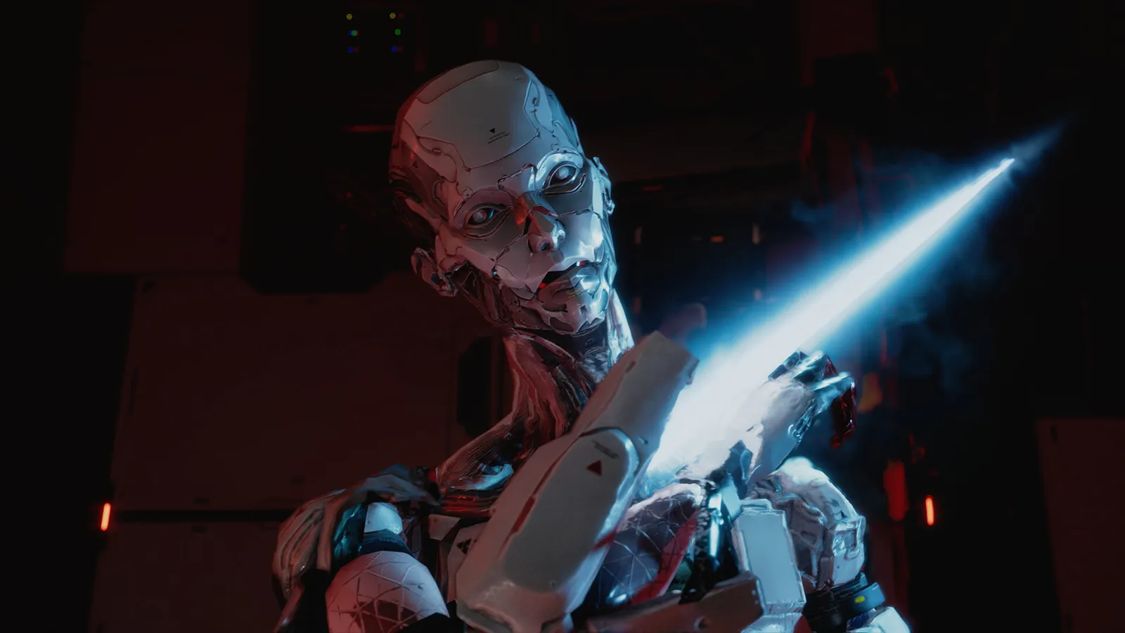 PRAGMATA close up of a humanoid robot holding a glowing energy blade