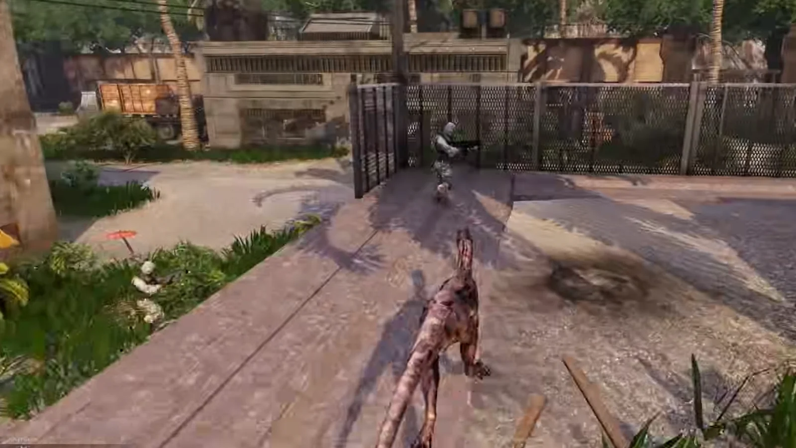 Dinosaur runs through an abandoned urban area.