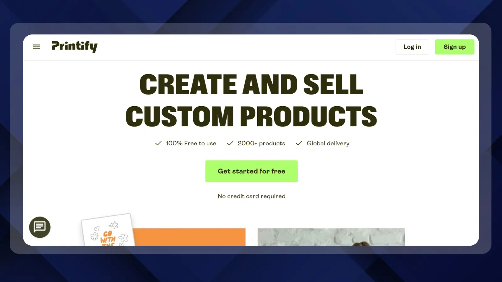 Printify homepage promoting custom product creation and selling, with a free sign-up button and information about its product selection and global delivery
