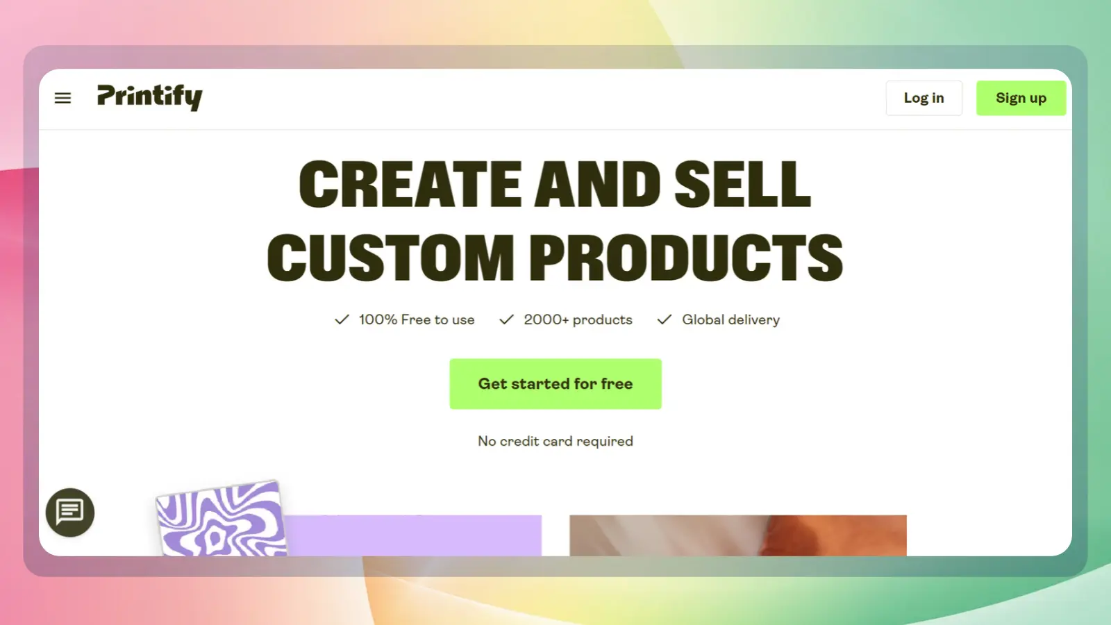 Printify homepage promoting custom product creation and selling, with free signup, a selection of products, and global delivery information