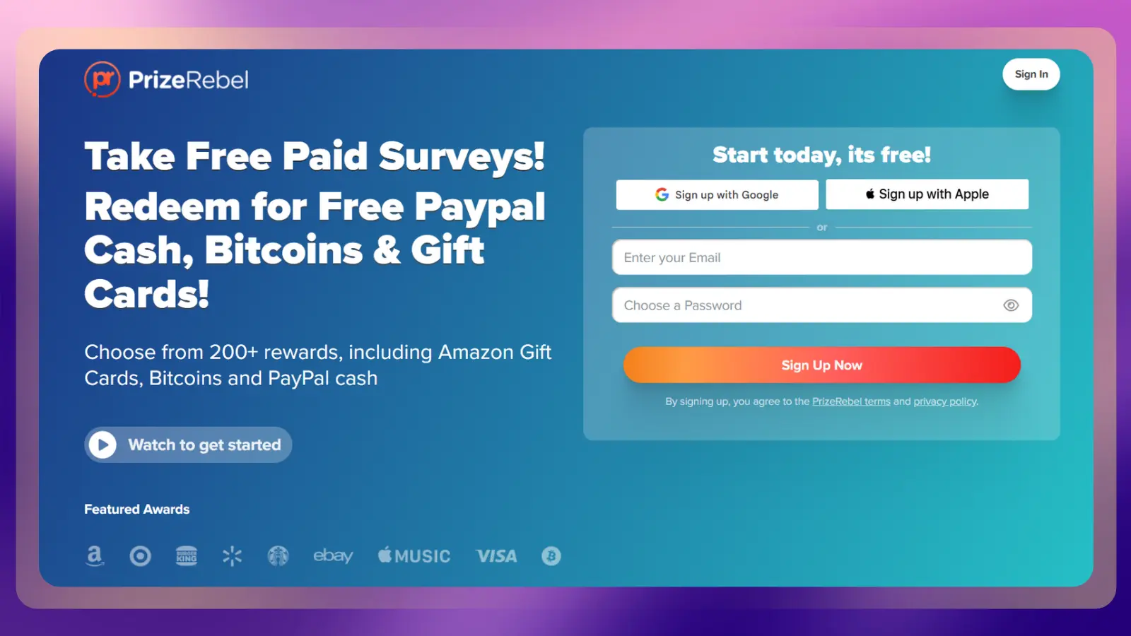 PrizeRebel homepage promoting paid surveys and rewards, including PayPal cash, Bitcoin, and gift cards, with an account registration form