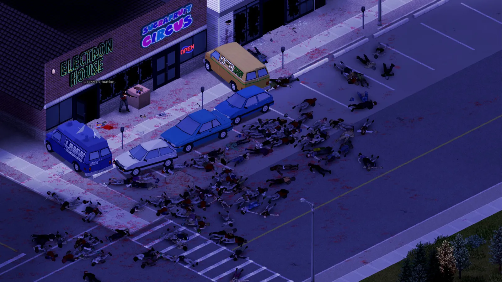 Project Zomboid parking lot littered with zombie corpses