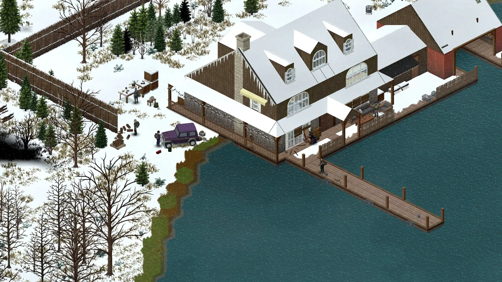 Project Zomboid snowy lakeside house and dock
