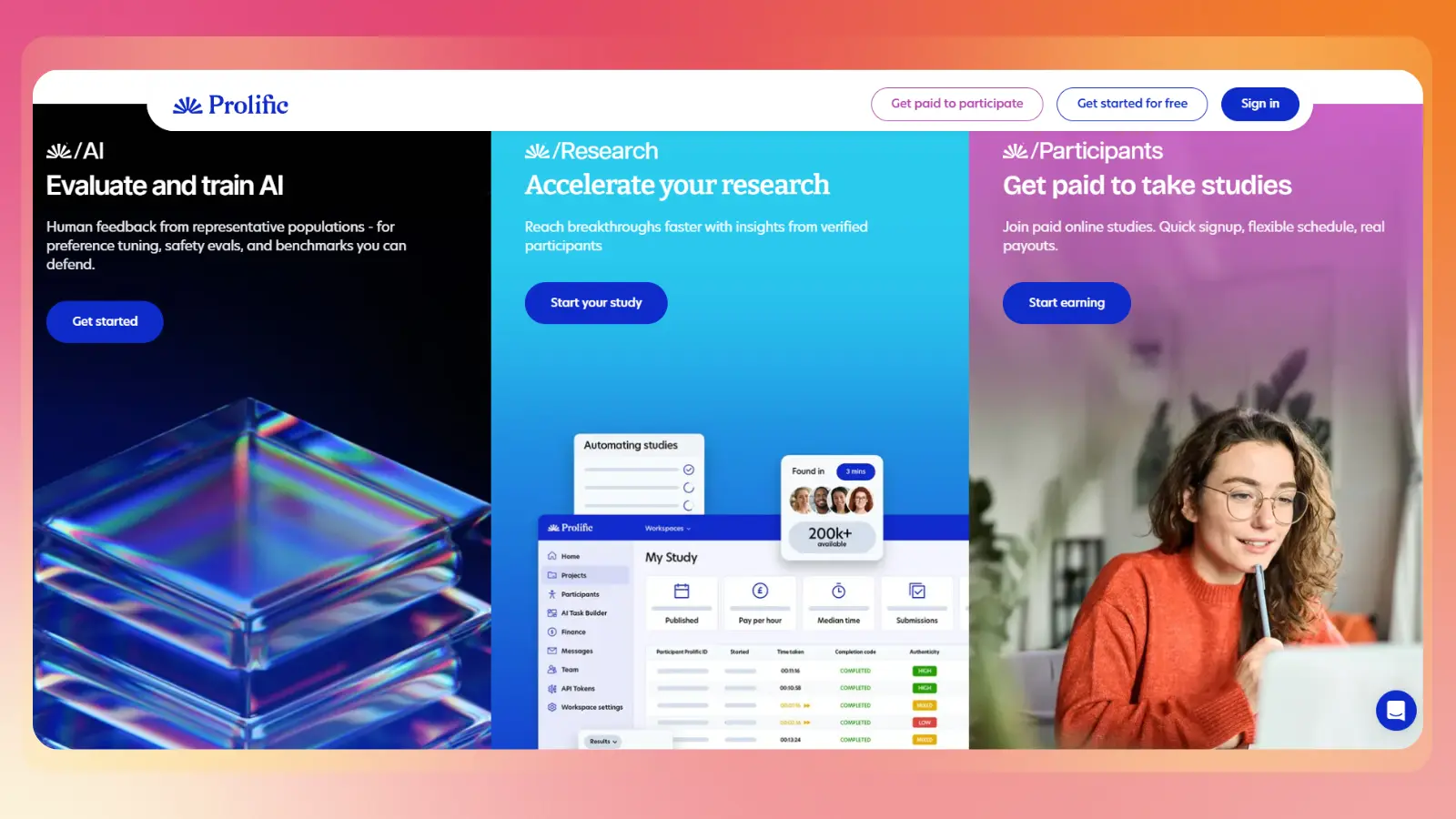 Prolific website showing paid online research studies for participants