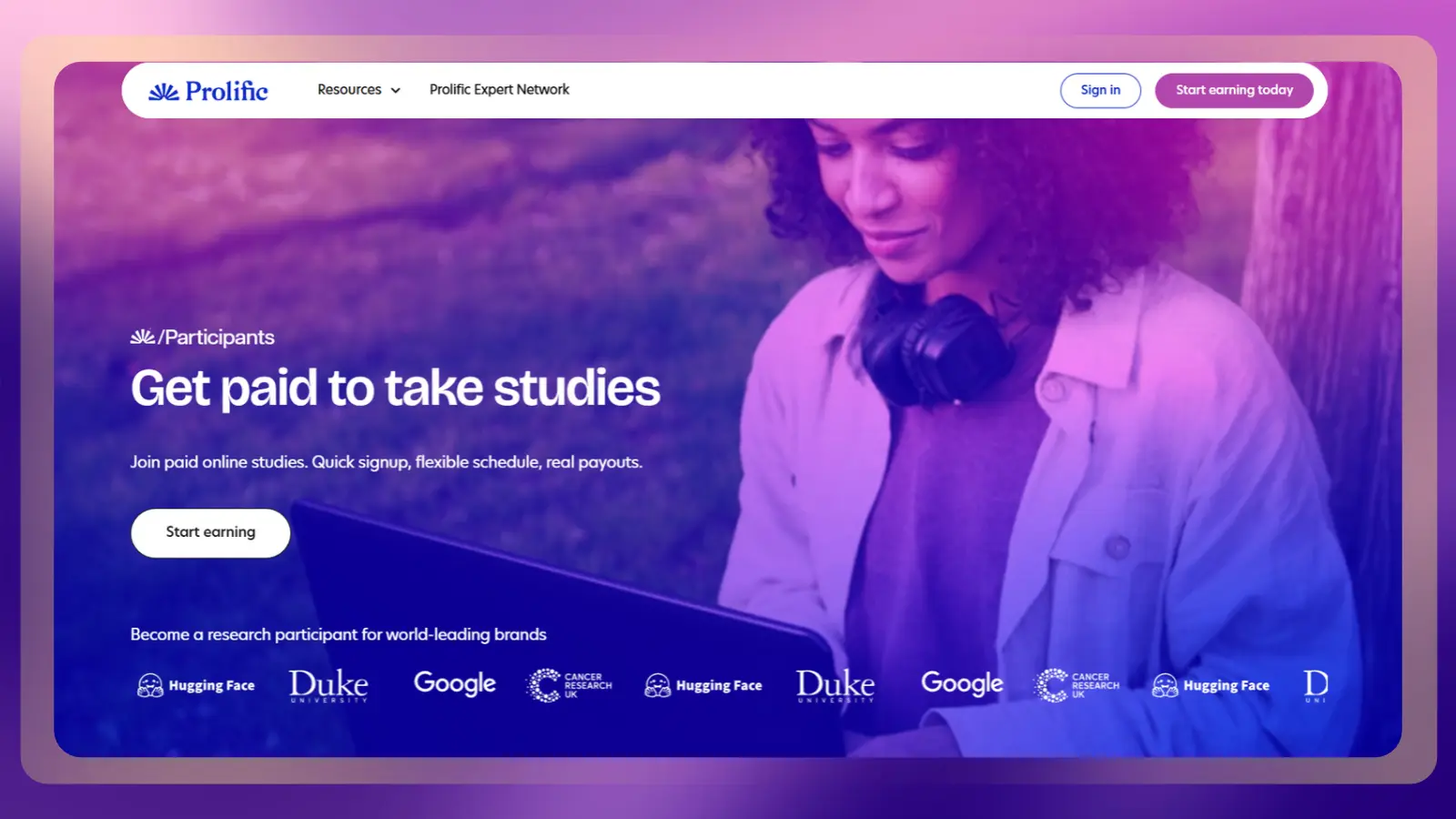 Prolific website showing an invitation to participate in paid online studies, with a woman using a laptop and logos of research organizations