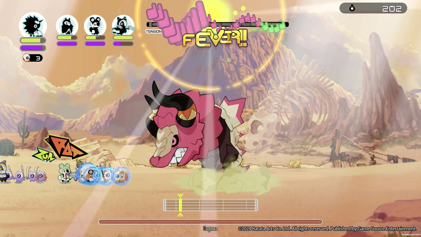 Ratatan fever attack unleashed on a horned pink desert boss near a skeleton